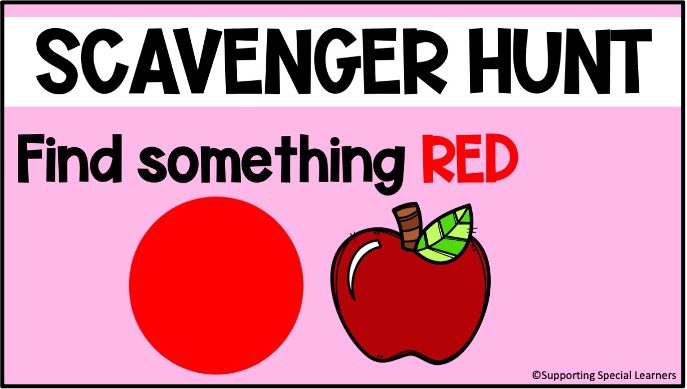 pink background with the word scavenger hunt - find something red. With an image of red circle and red apple. 