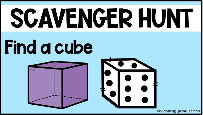 Ble background with the word scavenger hunt - find a cube. With an image of a cube and dice. 