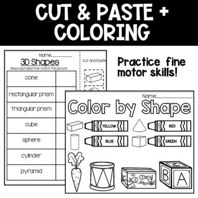 3D shapes math activities cut and paste and coloring