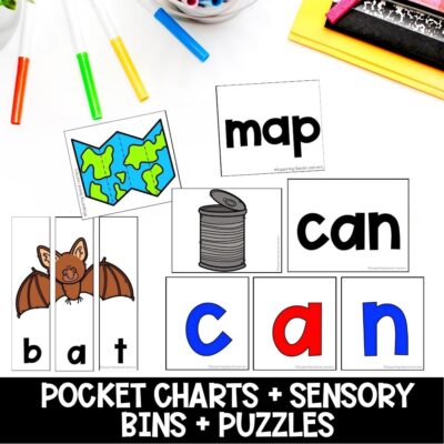 short a cvc words pocket charts, sensory bins and puzzles