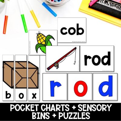short o cvc words pocket charts, sensory bins and puzzles