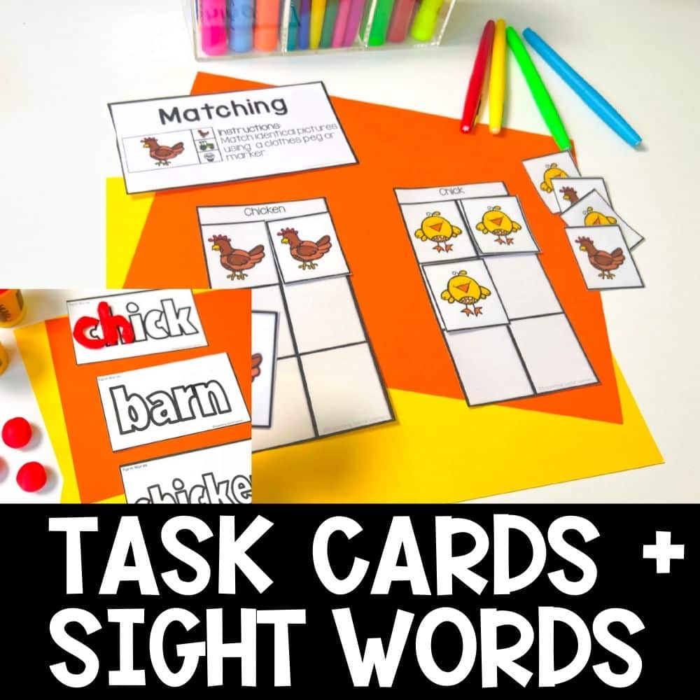 farm theme math and literacy centers task cards and sight words