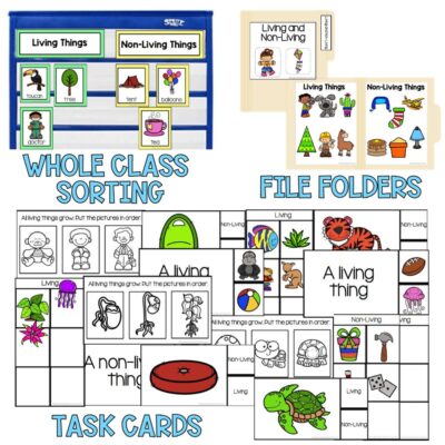 living and non-living things sorting, file folders and task cards