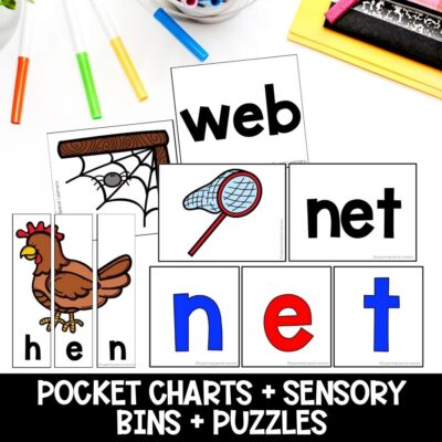 Short E CVC Words pocket charts, sensory bins and puzzles