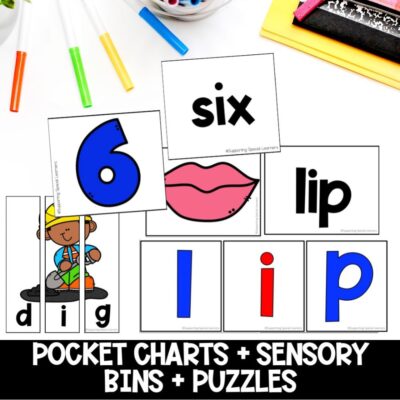 short i cvc words pocket charts, sensory bins and puzzles