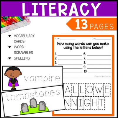 halloween math, literacy & art literacy 13 pages