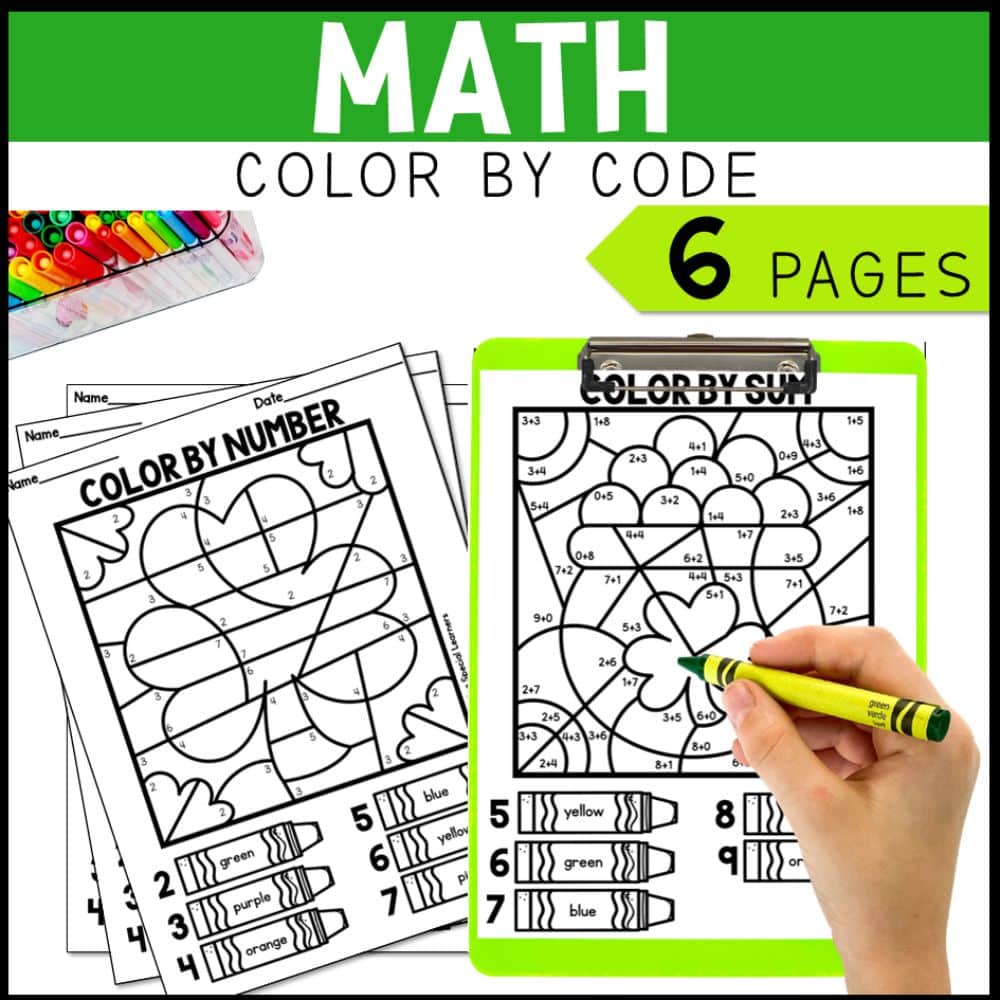 st. patrick's math, literacy & art math color by code