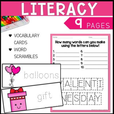 valentine's math, literacy & art literacy 9 pages