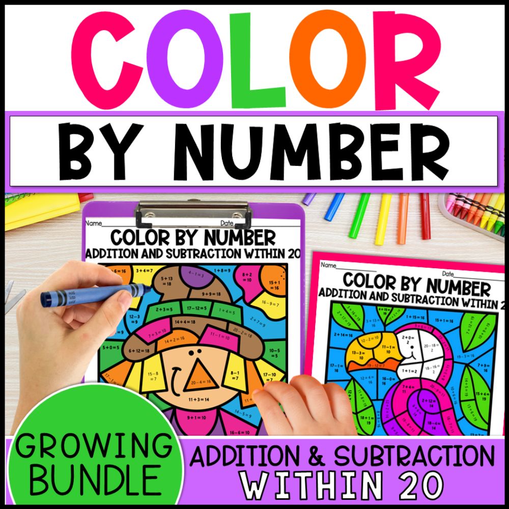 color by number addition and subtraction within 20 growing bundle cover