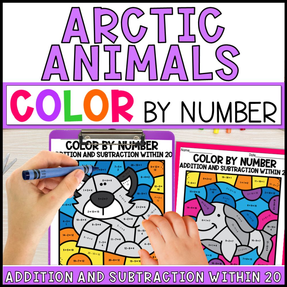 color by number addition and subtraction within 20 - arctic animals